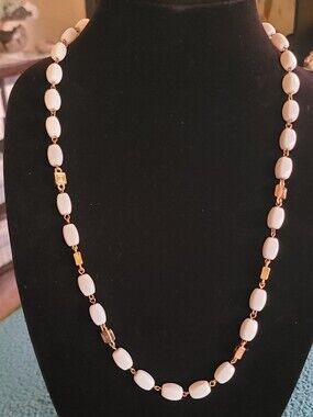 Vintage White Bead and Gold-Link Long Necklace